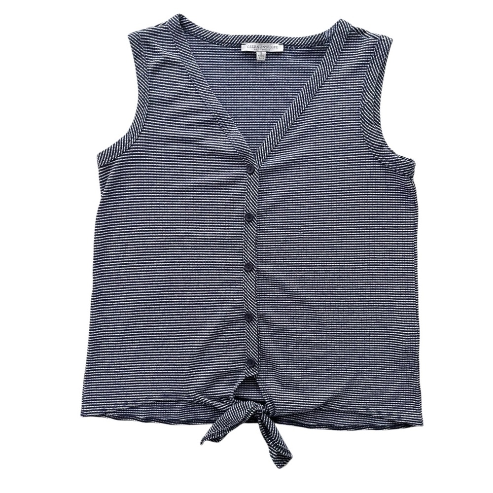 Green Envelope Women S Blue White Stripe Waffle Knit Vneck Button Waist Tie Tank